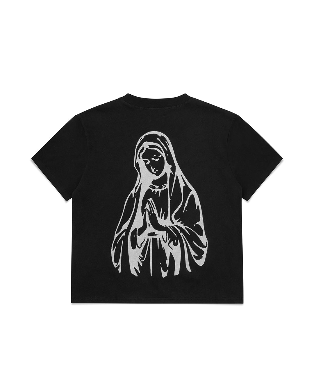 Black t-shirt with a white graphic of a hooded figure on the back against a white background